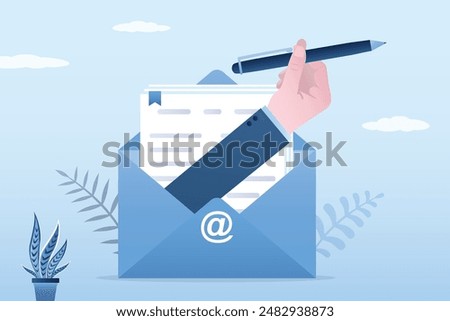 Email with documents, businessman hand give pen for signature. Job offer, digital marketing. Email communication for best business negotiation. Writing email. flat vector illustration