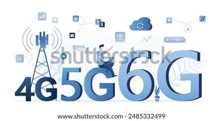 Development of wireless data transmission technology from 4g to 6g. High-speed Internet, mobile communication. Wi-fi signal quality improvements, speed optimization. Fast internet. Vector illustration