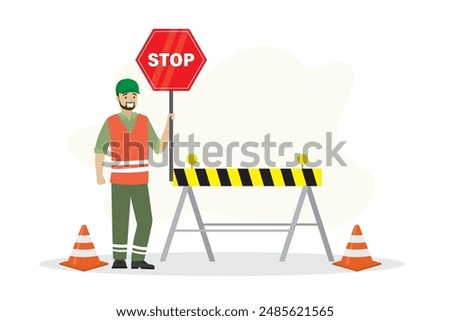 Worker man in uniform holds warning sign, construction area. Way and passage is closed, red sign is stop. Traffic cones and barrier. Repair work on road. Site under construction. vector illustration