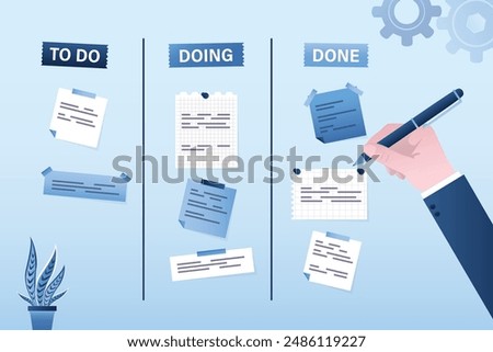 Various note stickers, human hand uses pen. Todo list, in progress task and finished one, project management or planning of work and business. Manage your tasks. Planner and to do list. flat vector