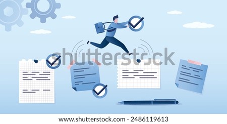 Complete tasks, get work done, finish checklist. Project and time management. Productive, effective job concept. Confident businessman jumping on task notes or accomplish work. vector illustration