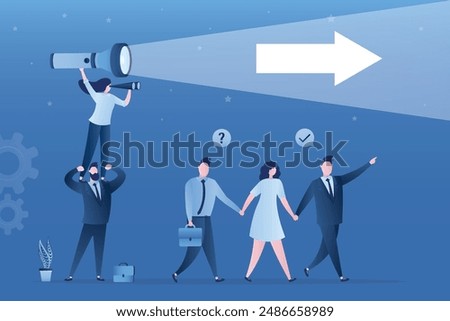 Business coach helps entrepreneurs choose right direction for business. People use flashlight, binoculars for finding route, search for way of business development. Global vision. Teamwork. vector