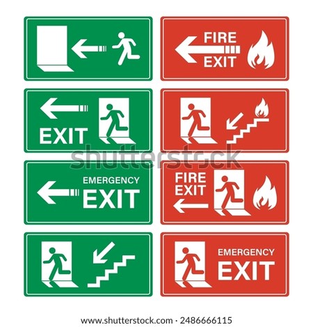 Set of green and red fire safety and emergency exit icons. Collection of fire danger signs and equipment. Meeting point. Human pictograms with emergency assembly area, first aid symbol. flat vector