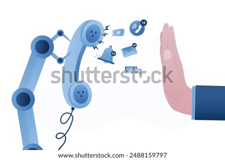 Robot arm holds vintage telephone and makes automated spam calls and sends out advertising messages. Human hand shows stop gesture, refusal or spam blocking. Marketing technology. vector illustration