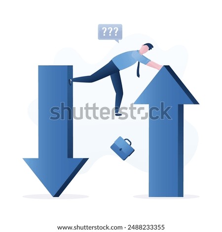 Investment risk, money management. Smart investor try to maintain balance between up and down arrows. Stock market uncertainty and volatility. Downtrend or uptrend. Overcoming business obstacles.