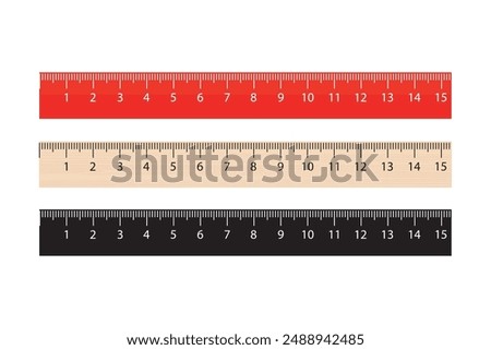 Set of rulers for measuring. Wooden, red plastic and black ruler silhouette. Collection of different measuring items. Design isolated on white background. flat vector illustration