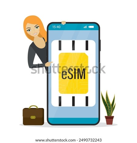 Esim, concept. Smart woman user or seller activate esim on mobile phone. Embedded sim card on smartphone screen. Cell phone without classical sim card, digital technology. Flat vector illustration