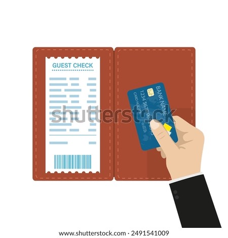 Leather folder with receipt, hand holds credit card for payment. Wallet with guest check and payment. Top view. Paying bill in a restaurant or cafe. Flat vector illustration