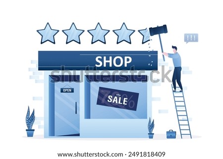 Consumer or business man uses hammer and break up rating stars. Bad review for product or service. Male client leaves negative review about shop or service. Feedback, rating drop. vector illustration