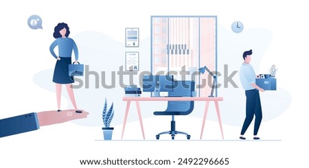 Employee turnover. Staff replacement. Modern workplace in office. Dismissed worker go away with things. Boss hand holds new female employee. Dismissal and employment process in company. flat vector