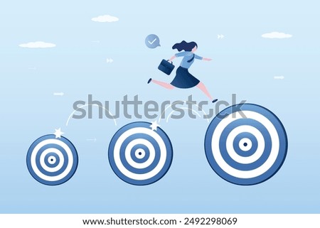 Business target, goal achievement. Aiming and aspirations. Confident businesswoman jumping towards a larger goal, boost your business. Skills improvement. Flat vector illustration