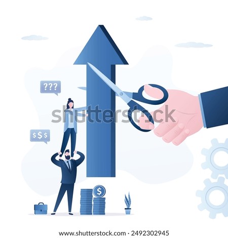 Business team holds big arrow, hand uses scissors and cuts off part of growing arrow. Economic crisis reduces profit of enterprise. Lack of development during recession. Drop in sales and revenue.