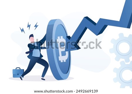 Businessman holding big bitcoin and trying to fight financial crisis. Protective measures help to counter economic crisis. Trader uses cryptocurrency as protective asset. Falling stock market. vector