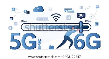 User speeds up wifi internet. Switching from 5g to 6g technology. Technician worker move slider on measuring scale. Wireless signal quality improvements, optimization. Tariff plan with fast internet.