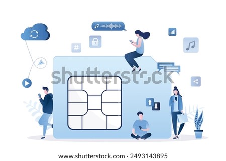 Users near to large sim card and uses smartphones. Mobile internet, fast wireless connection for call, communication, video viewing. Wireless communication technology. Fast data transfer speed. vector