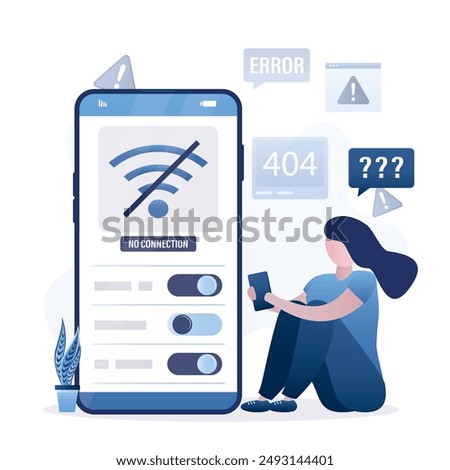 User without internet connection, wifi unavailable, wi-fi has no internet. Unhappy woman using smartphone offline and confused because there is no wifi signal. Problems with router or network. vector