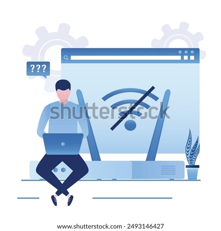 User without internet connection, wifi unavailable, wi-fi has no internet. Businessman using laptop and confused because there is no wifi signal. Problems with router or network. vector illustration