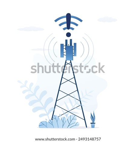 No internet connection with communication tower. Wireless signal unavailable, wi-fi has no internet. Problems with network, concept. Zone without communication and radio. flat vector illustration