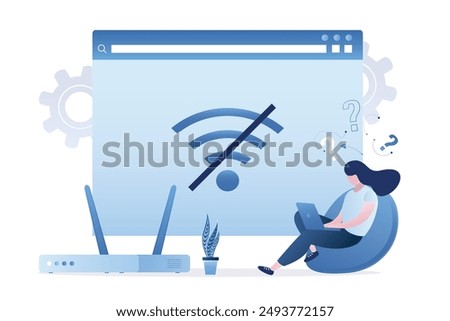 User without internet connection, wifi unavailable, wi-fi has no internet. Business woman uses laptop and confused because there is no wifi signal. Problems with router or network. vector illustration