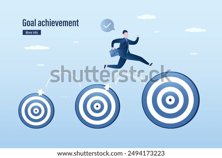 Business target, goal achievement. Aiming and aspirations. Confident businessman jumping towards larger goal, boost your business. Skills improvement. Career ladder. flat vector illustration