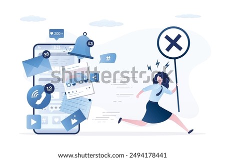 Social network fatigue, addiction. Young woman running away mobile phone.  Stop sharing and using media content, apps and notifications on smartphone screen. Dependence on gadgets. Digital detox. 