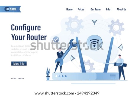 Configure your router, landing page template. Smart people setup internet signal transmitter by guide. Wireless connection technology. Application development material. Router configuration. vector