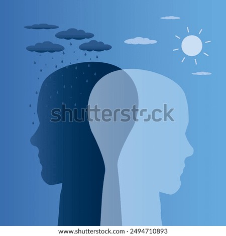 Bipolar disorder mind mental. Double face. Split personality. Concept mood disorder. Dual personality concept. Two head silhouette. Mental health, psychology. Good mood and rainy day. flat vector