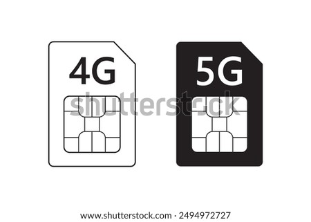 Sim card 4g and 5G. Mobile hotspot network cellphone chip, 5G gsm cell connection simcard, lte internet technology. set of two simcards isolated on white background. monochrome vector illustration