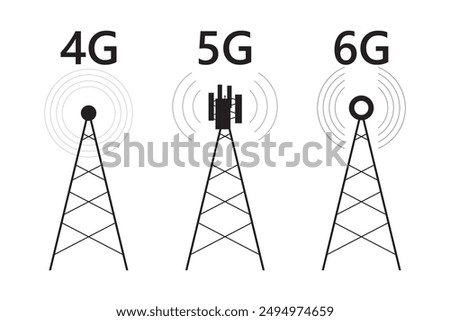 Set of communication towers with signal. High speed internet connection. Wireless signal, for mobile devices. Gsm networks, television, radio signals. Antenna for communication and radio. flat vector