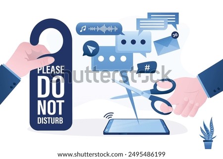 Human hand uses scissors to cut out all messages and notifications. Huge sign - Do not disturb. Digital detox. Block unwanted messages, filter spam and chats from unknown senders. vector illustration