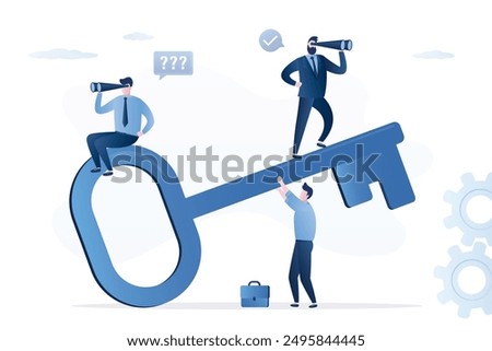 Successful team with big key. Unlock target, success. Achievement of success, common goals, successful strategy, global vision. Searching right way to profit. Motivation to teamwork. flat vector