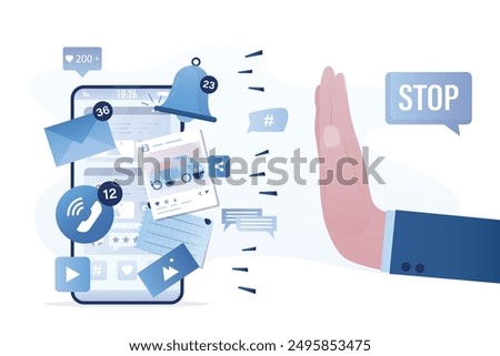 Social network fatigue, overcoming addiction. Big user hand in stop gesture. Stop sharing and using media content. Various apps and notifications on phone screen. Dependence on gadgets. Digital detox.