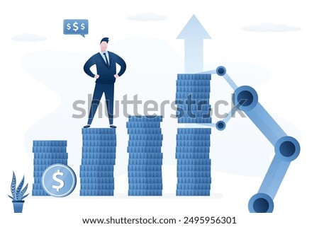 Robot arm adds coins to pile. Increase in payments, raise earnings. Trading robot helps boost profit. Happy trader or businessman. Chat bot support making money. High wages. Flat vector illustration