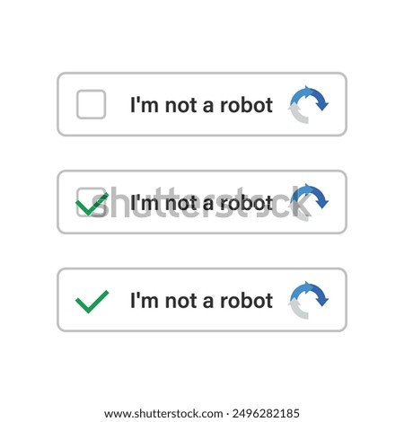 Captcha icon. I am not a robot. Computer code. Set of confirmed recaptcha. Im not robot button. Internet safety concept. Design template for website or application. vector illustration