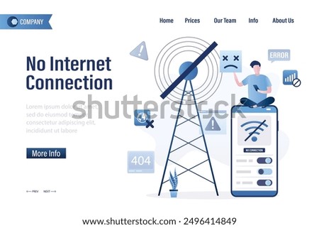 No internet connection, landing page template. wifi unavailable, wi-fi has no internet. Unhappy user sitting on offline mobile phone, no wifi signal. Problems with gsm communication tower or router.