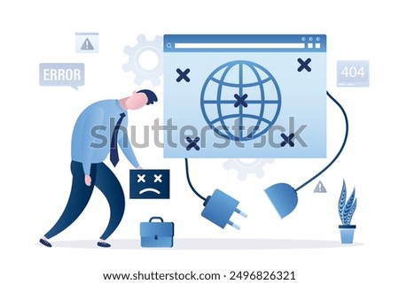 Male user is frustrated by lack of internet connection. Browser window with plug pulled out of socket. Concept of server error, website is unavailable. Businessman with online access denied. vector