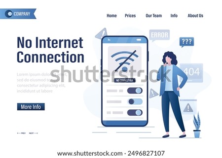 No internet connection, landing page template. wifi unavailable, user has no internet. Woman using smartphone offline and confused because there no wifi signal. Problems with router or network. vector