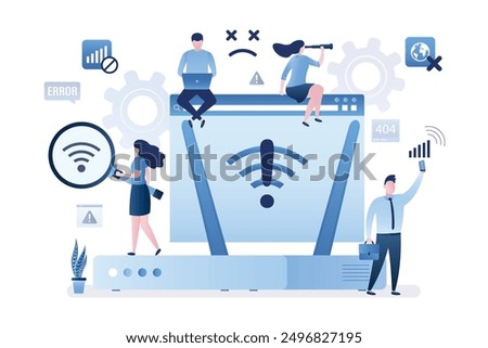 Users without internet connection, wifi unavailable, wi-fi has no internet. Unhappy people using gadgets offline and confused because there is no wifi signal. Problems with router and network. vector