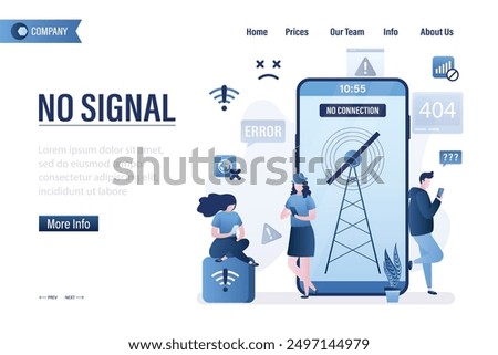 Users without internet connection, wifi unavailable. Unhappy people using mobile phones offline and confused because no wifi signal, landing page template. Problems with gsm tower and internet network