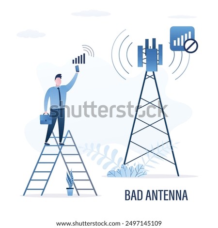 No signal, user standing on ladder and want search internet connection. Hotspot error. Wifi unavailable, wireless connect has no internet. Problems with router, network or communication tower. vector