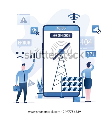 Users without internet connection, wifi unavailable, wi-fi has no internet. Unhappy people using mobile phones offline and confused because there is no wifi signal. Problems with gsm tower and network