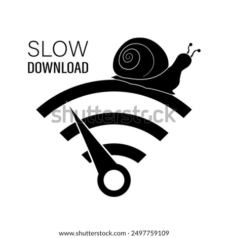 Slow internet connection, simple sign. Snail crawl on black wi-fi icon, design isolated on white background. No internet access. Indicator show bad wifi signal. Slow upload and download data. vector