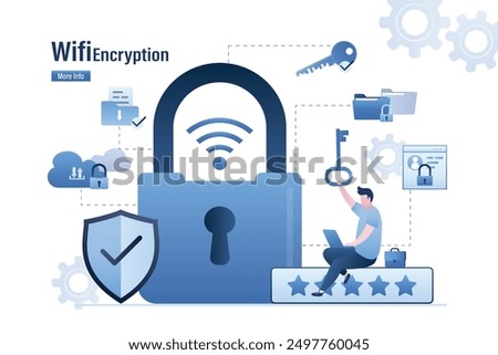 Administrator or user holds big key. Wifi encryption, wireless security, safety for internet connection, network protection, safe access, password encryption. Lock and unlock network access. vector