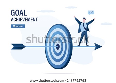 Goal achievement. Confident businessman hitting target with arrow. Target marketing concept. Business objective, purpose, resolution to aim for success, aspiration and motivation to achieve goal.