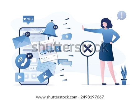 Social network fatigue, addiction. Young woman stop sharing and using media content. Various apps and notifications on smartphone screen. Dependence on gadgets. Digital detox. vector illustration
