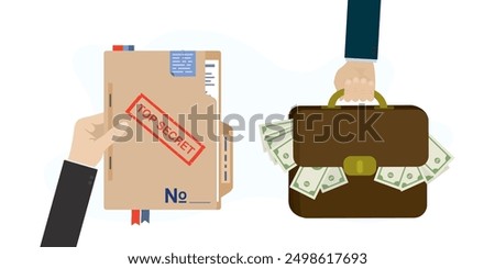 Seller hand gives folder with confidential data, buyer holds bag with money cash. Theft corporate data or industrial innovations, illegal deal, bribe, corruption. Spy steals government top secrets.