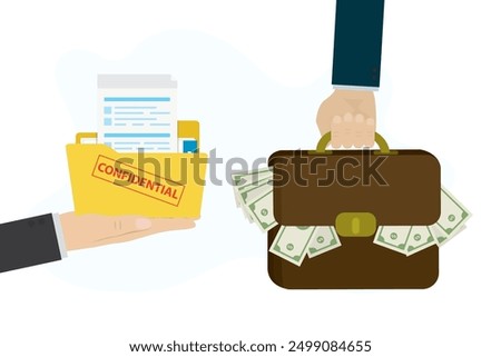 Seller hand gives folder with confidential information, buyer holds bag with money cash. Theft corporate data or industrial secrets, illegal deal, bribe and corruption. Spy steals government secrets.