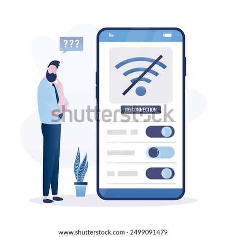 User without internet connection, wifi unavailable, wi-fi has no internet. Unhappy businessman using smartphone offline and confused because there is no wifi signal. Problems with router or network