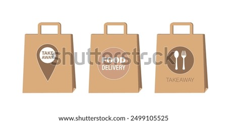 Set of three paper bags with inscriptions and signs. Delivery service. Take away paper food bag. Colorful icons, logo or sign for web, print. flat vector illustration