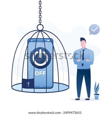 User man turn off smartphone and locked into birdcage. Off button on cell phone screen. Digital detox. No using mobile phone, smart gadget. Freedom from internet, smartphones and social media. vector